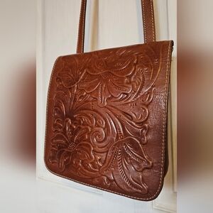 Patricia Nash Tooled Leather Crossbody Bag Brown Embossed Floral Boho Western
